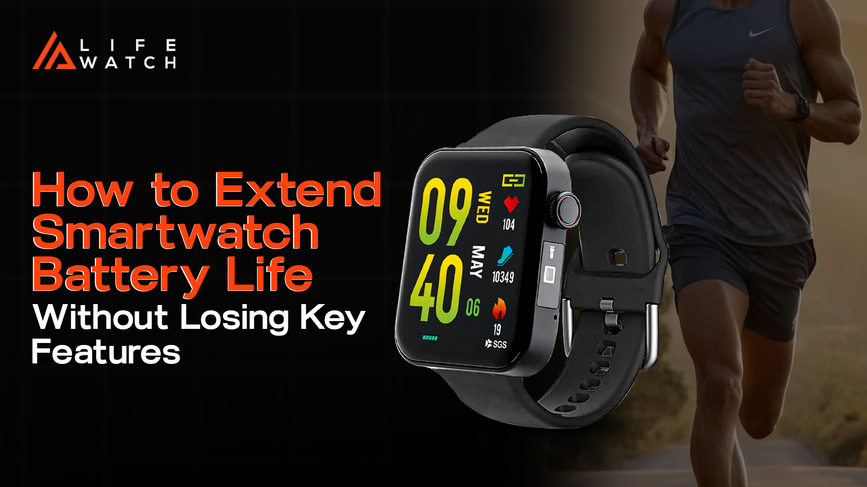 Smartwatch with activity icons shown next to a jogger, representing strategies for preserving battery power.