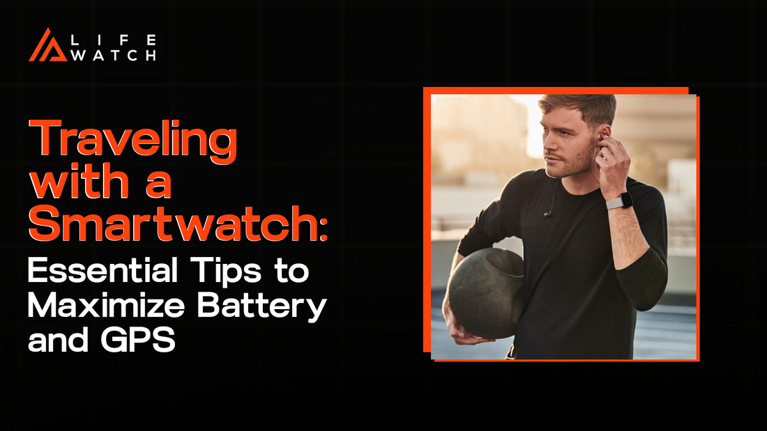 Traveler wearing a smartwatch in an outdoor setting, highlighting battery-saving and GPS optimization tips for smartwatch users on the go.