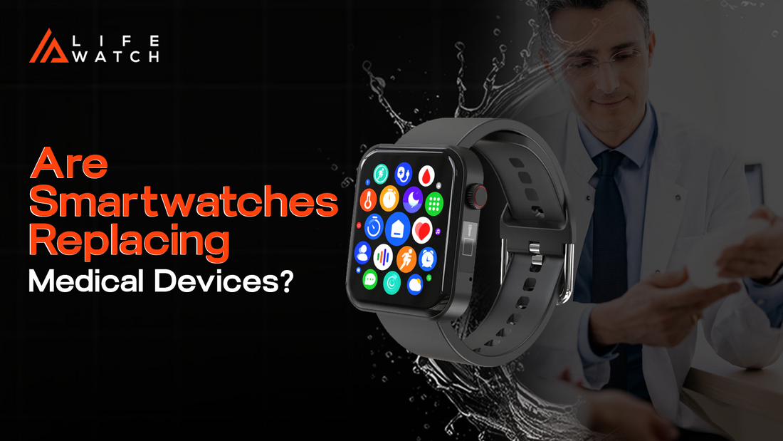 Modern smartwatch displaying health-monitoring features alongside a clinician, representing the shift toward wearable health tech.