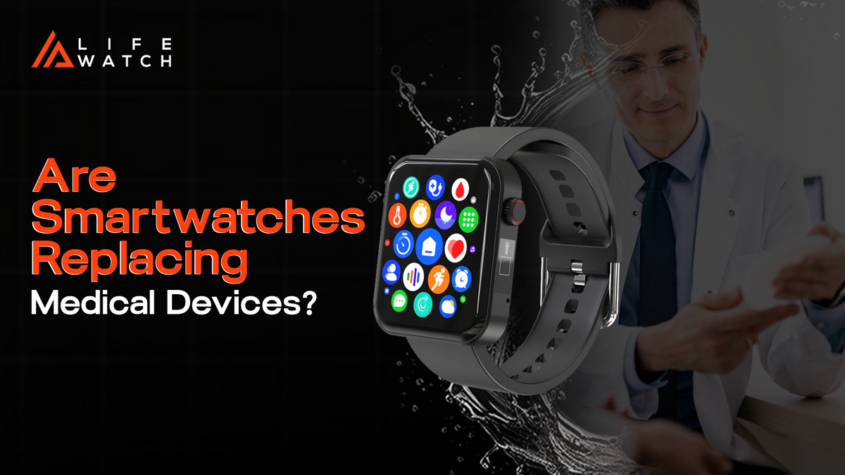 Modern smartwatch displaying health-monitoring features alongside a clinician, representing the shift toward wearable health tech.