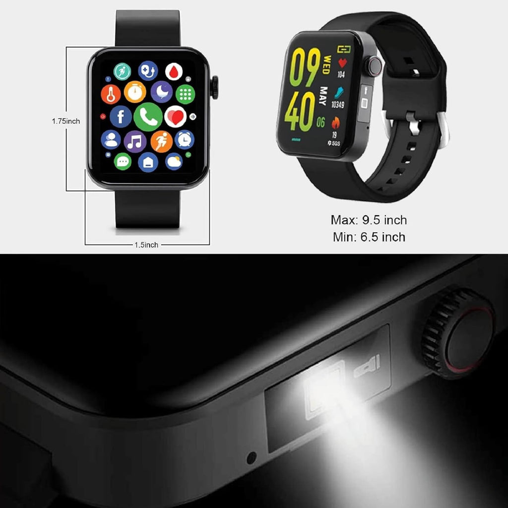 Two smartwatches with different screen sizes and a power bank with a light on.