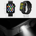 Two smartwatches with different screen sizes and a power bank with a light on.