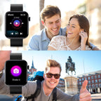 Smartwatch displaying music control interface with a couple listening to music, and another person taking a selfie in a city square.
