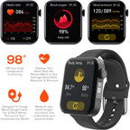 Smartwatch displaying health metrics including heart rate, blood oxygen, and blood pressure on a white background.
