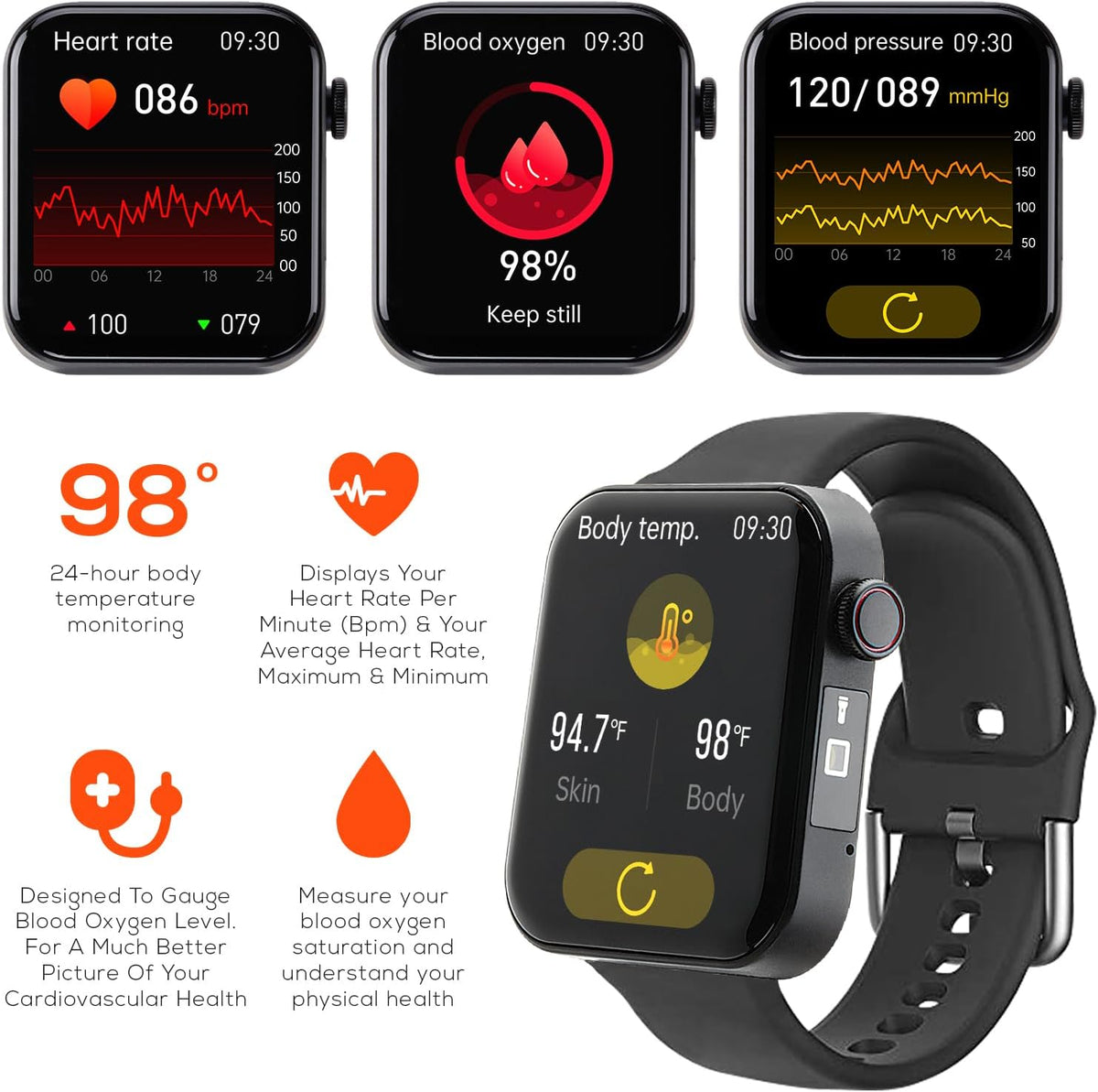 Smartwatch displaying health metrics including heart rate, blood oxygen, and blood pressure on a white background.