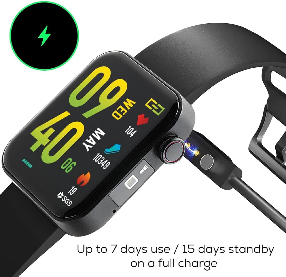 Smartwatch with charging cable on a white background