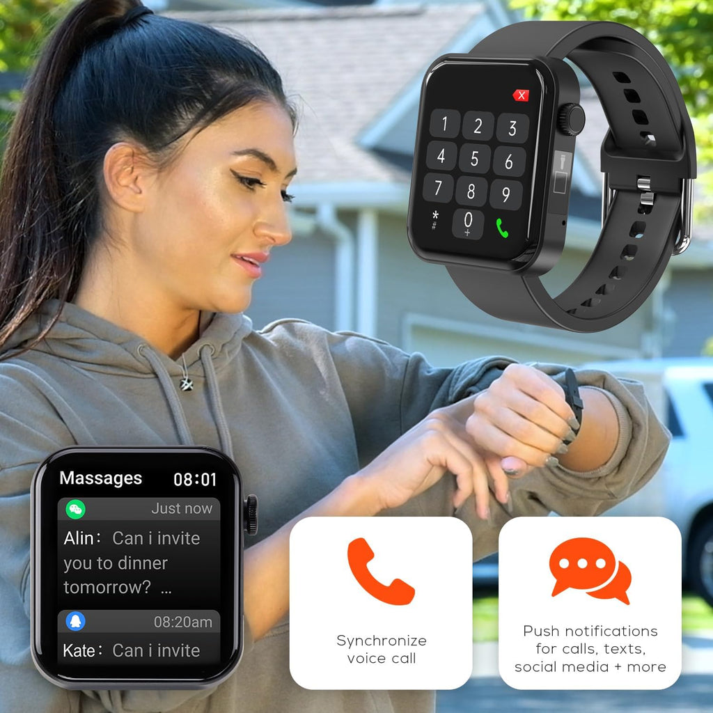 Woman using a smartwatch with inset images of the watch and its features.
