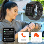 Woman using a smartwatch with inset images of the watch and its features.