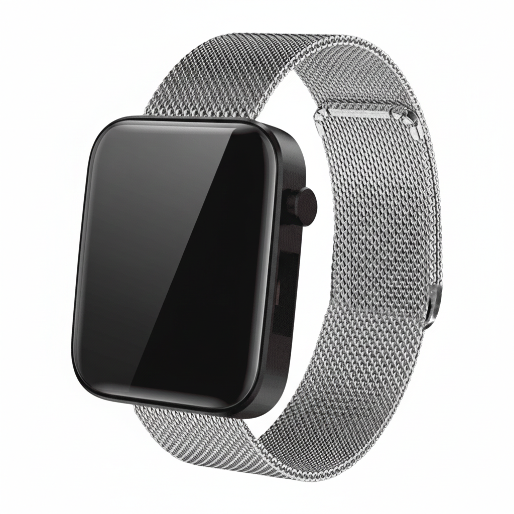 Smartwatch with a silver mesh band on a white background