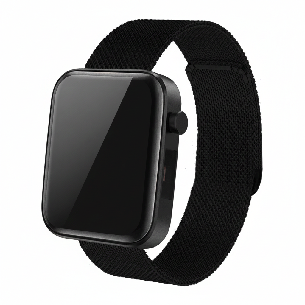 Black smartwatch with a black band on a white background