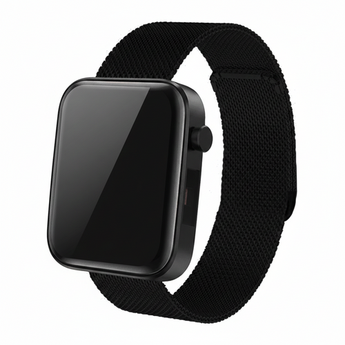 Black smartwatch with a black band on a white background