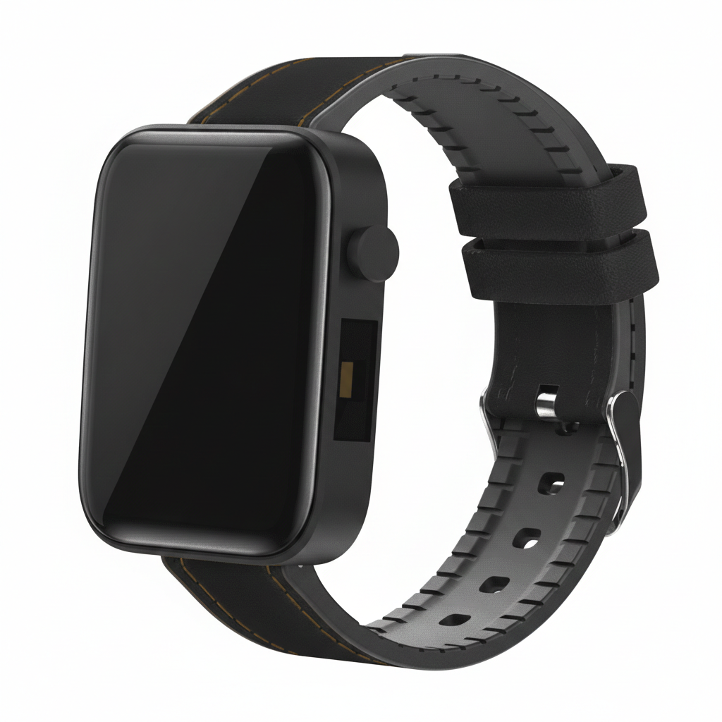 Black smartwatch with a black band on a white background