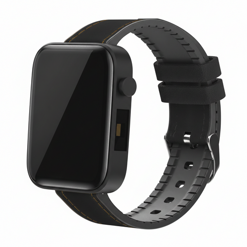 Black smartwatch with a black band on a white background