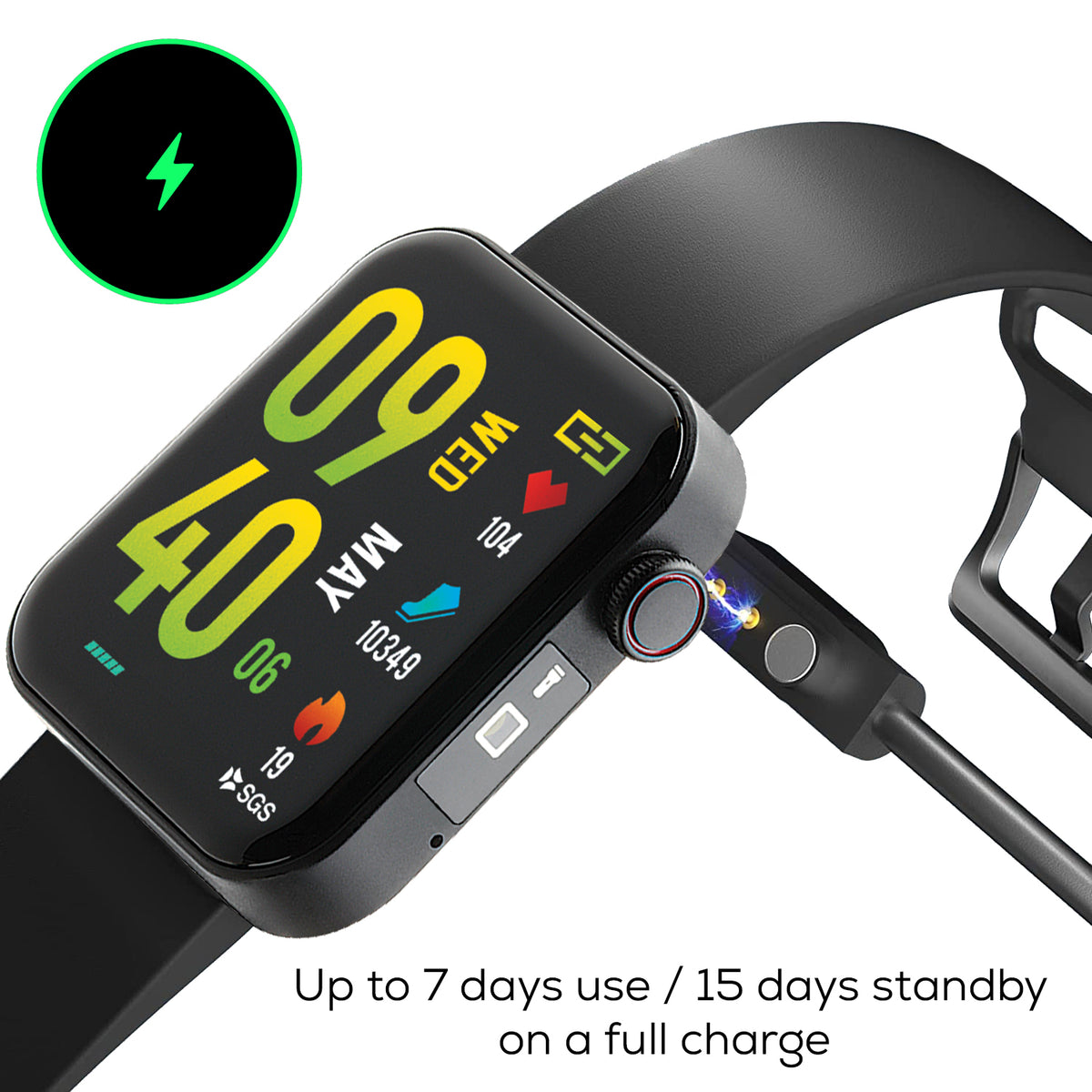 Smartwatch with charging cable, displaying battery life information.