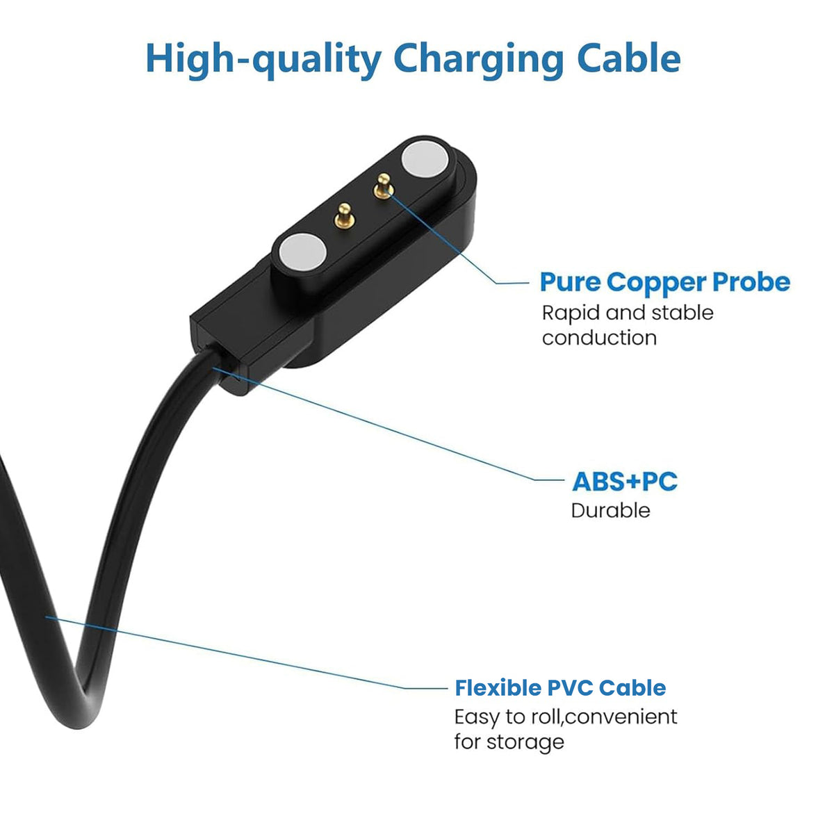 High-quality charging cable with labeled features on a white background