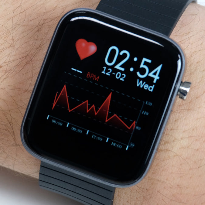 A close up of a Life Watch on someone's wrist displaying a beats per minute graph. 