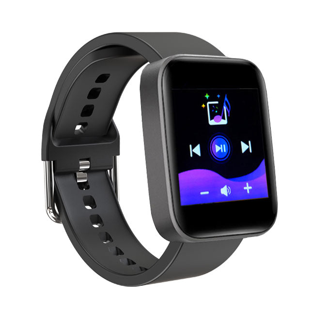 A Life Watch with a black silicone band playing music.